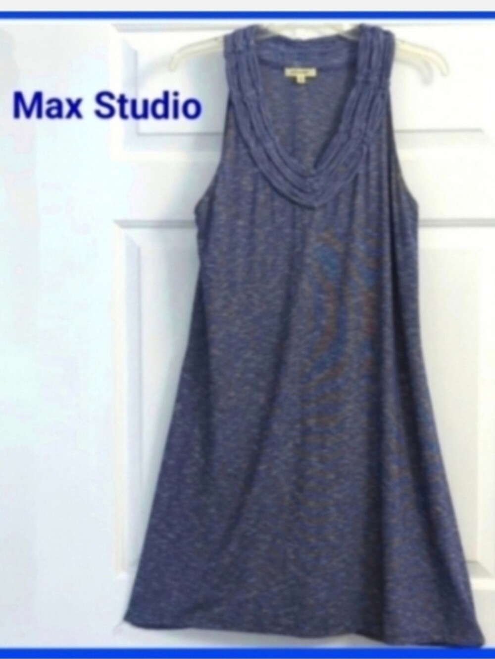 Max Studio Sleeveless Navy Blue Heather V-Neck Summer Knit Dress.Sleeveless